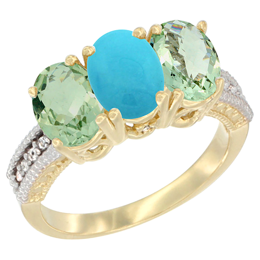 14K Yellow Gold Natural Turquoise &amp; Green Amethyst Sides Ring 3-Stone 7x5 mm Oval Diamond Accent, sizes 5 - 10