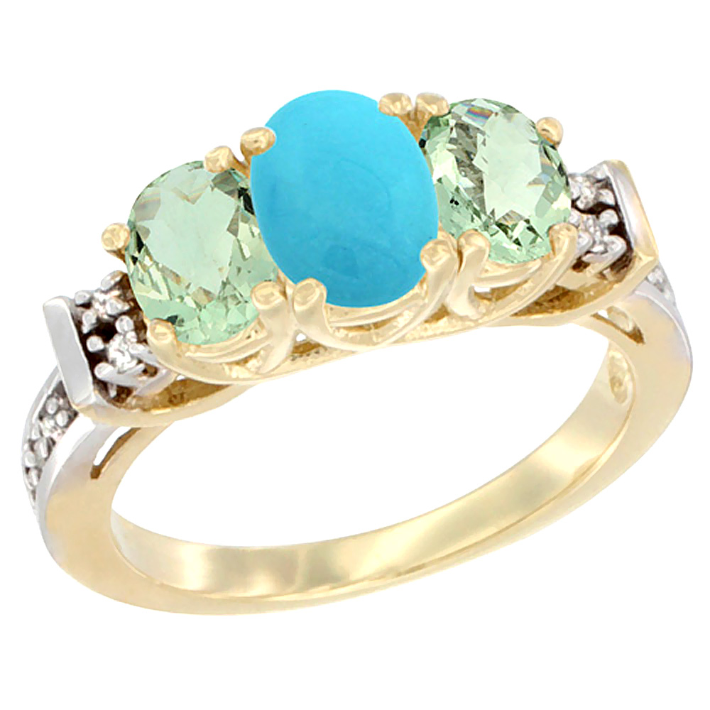 14K Yellow Gold Natural Turquoise & Green Amethyst Ring 3-Stone Oval Diamond Accent