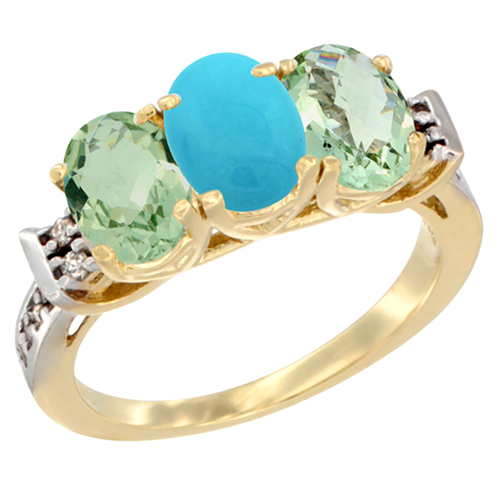 14K Yellow Gold Natural Turquoise & Green Amethyst Sides Ring 3-Stone 7x5 mm Oval Diamond Accent, sizes 5 - 10