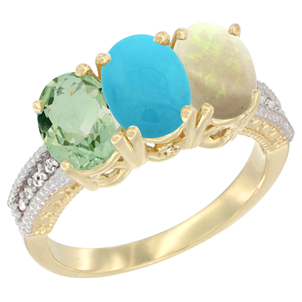 14K Yellow Gold Natural Green Amethyst, Turquoise & Opal Ring 3-Stone 7x5 mm Oval Diamond Accent, sizes 5 - 10