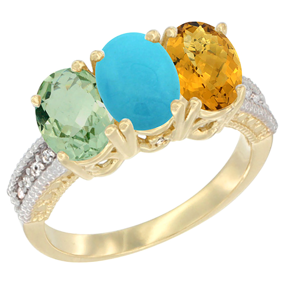 14K Yellow Gold Natural Green Amethyst, Turquoise &amp; Whisky Quartz Ring 3-Stone 7x5 mm Oval Diamond Accent, sizes 5 - 10