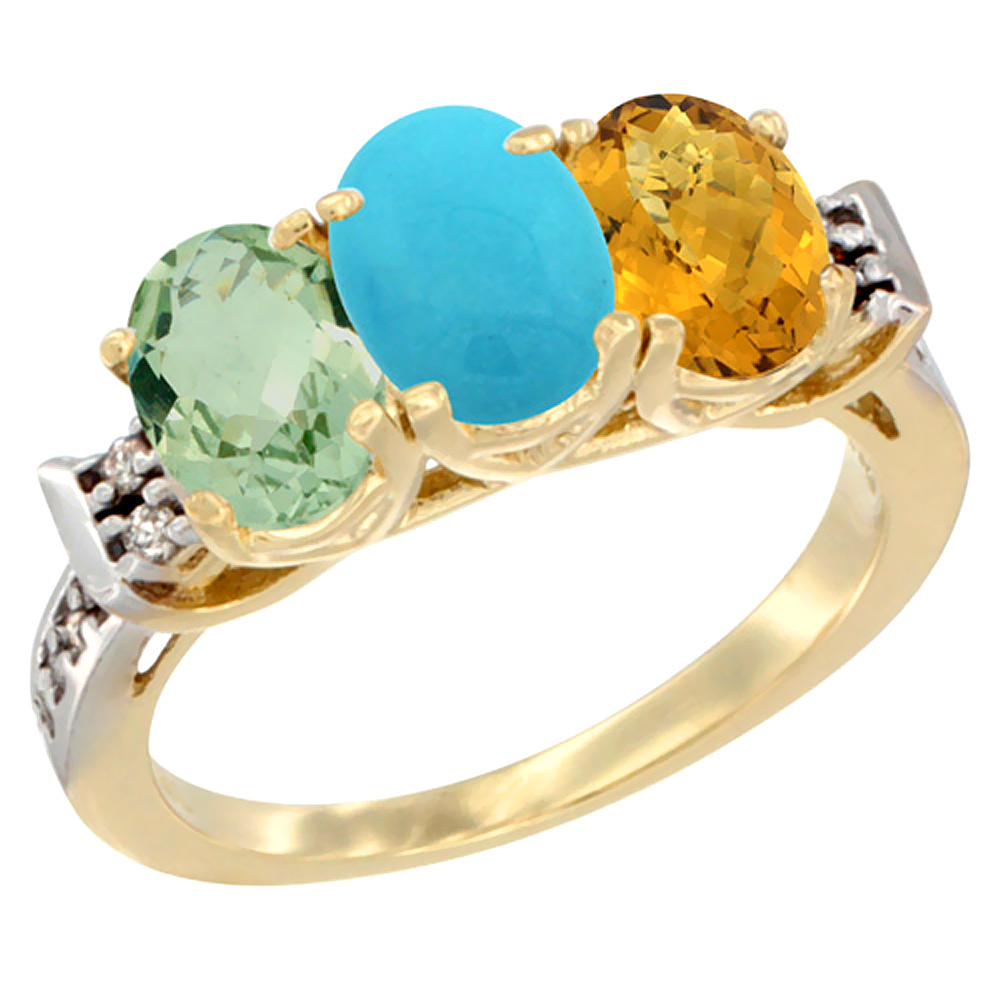 14K Yellow Gold Natural Green Amethyst, Turquoise & Whisky Quartz Ring 3-Stone 7x5 mm Oval Diamond Accent, sizes 5 - 10