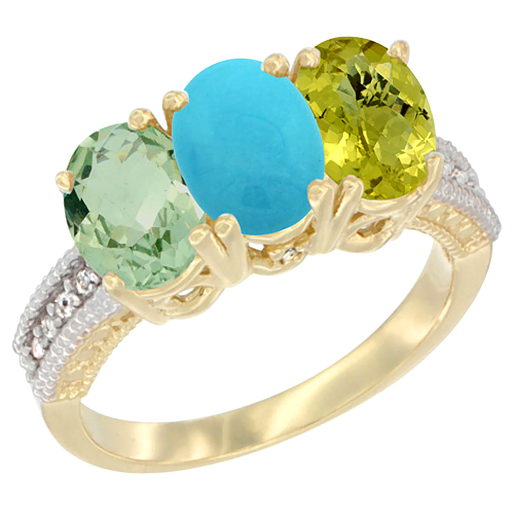 14K Yellow Gold Natural Green Amethyst, Turquoise &amp; Lemon Quartz Ring 3-Stone 7x5 mm Oval Diamond Accent, sizes 5 - 10