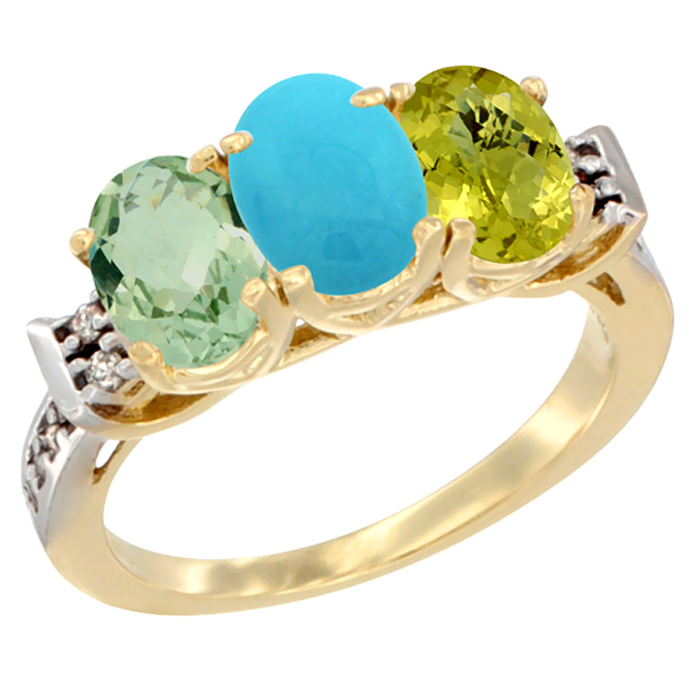 14K Yellow Gold Natural Green Amethyst, Turquoise &amp; Lemon Quartz Ring 3-Stone 7x5 mm Oval Diamond Accent, sizes 5 - 10