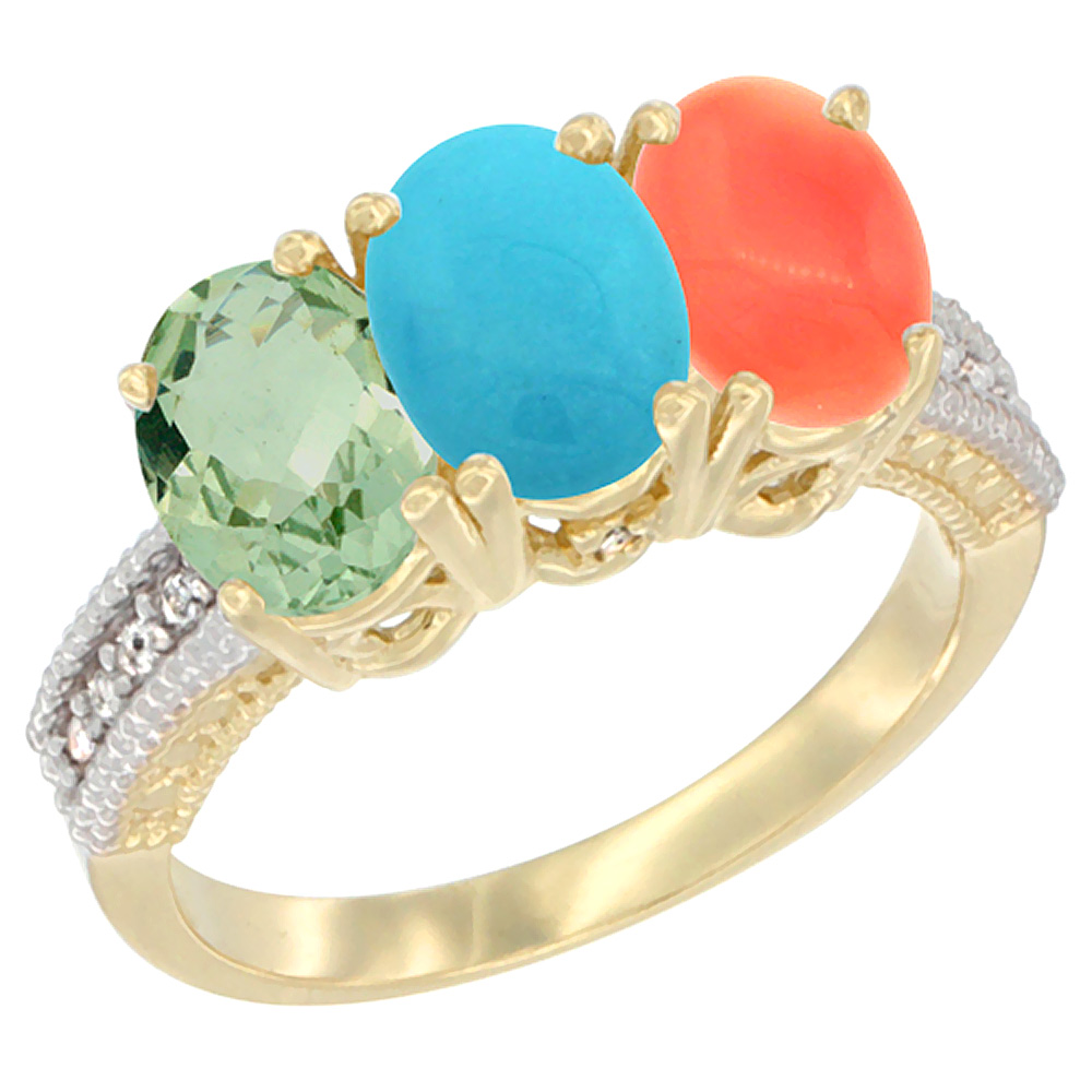 14K Yellow Gold Natural Green Amethyst, Turquoise & Coral Ring 3-Stone 7x5 mm Oval Diamond Accent, sizes 5 - 10