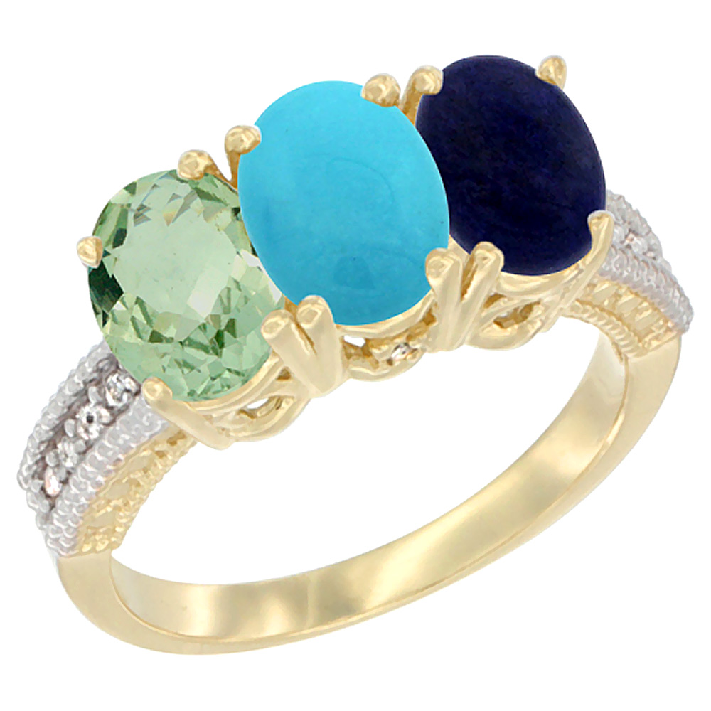 14K Yellow Gold Natural Green Amethyst, Turquoise &amp; Lapis Ring 3-Stone 7x5 mm Oval Diamond Accent, sizes 5 - 10