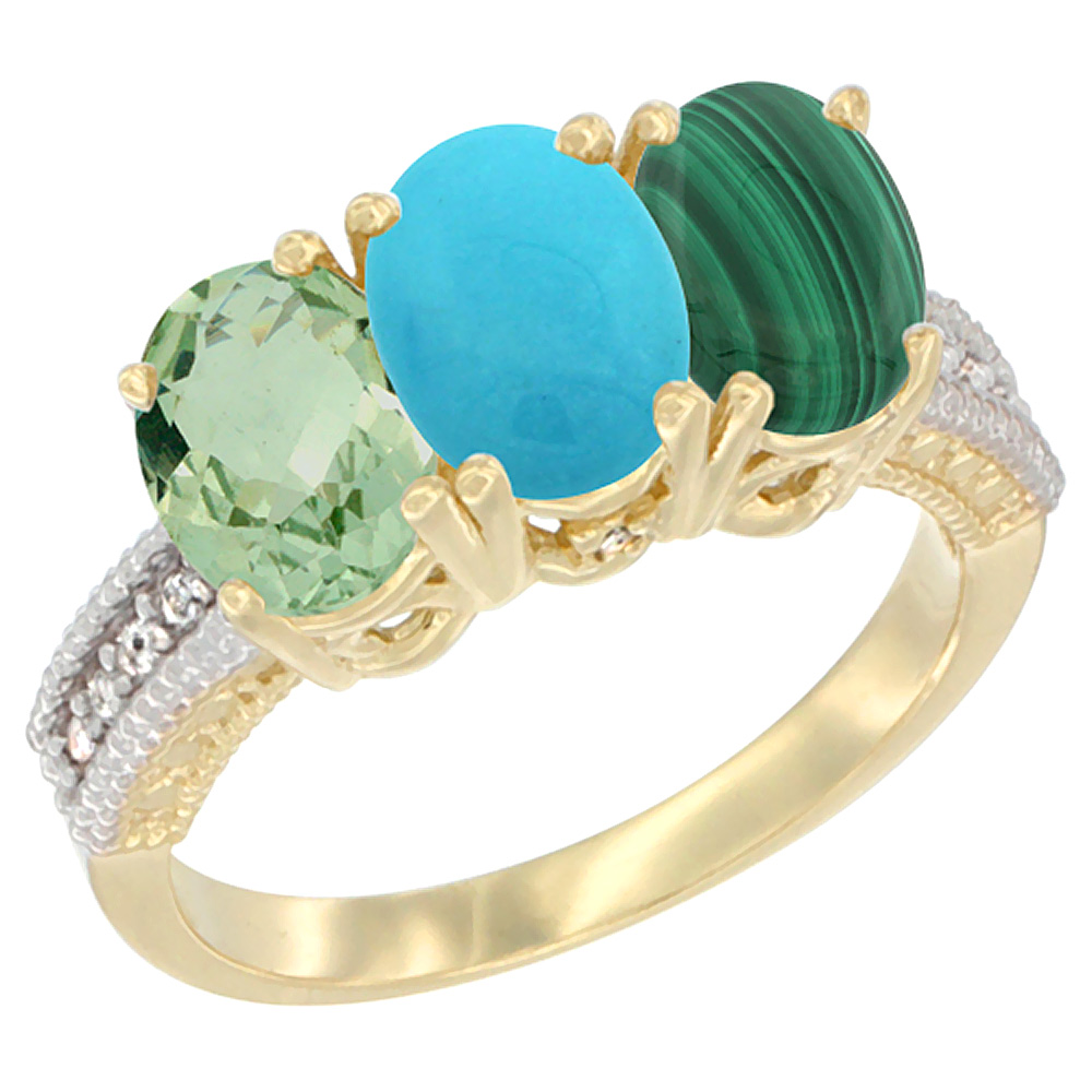 14K Yellow Gold Natural Green Amethyst, Turquoise &amp; Malachite Ring 3-Stone 7x5 mm Oval Diamond Accent, sizes 5 - 10
