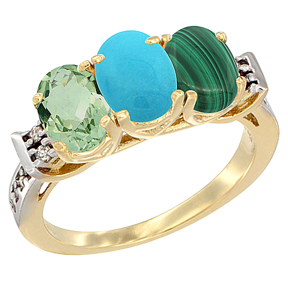 10K Yellow Gold Natural Green Amethyst, Turquoise &amp; Malachite Ring 3-Stone Oval 7x5 mm Diamond Accent, sizes 5 - 10