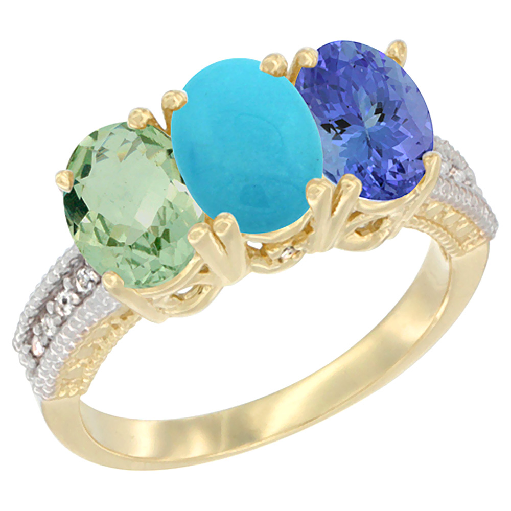 14K Yellow Gold Natural Green Amethyst, Turquoise & Tanzanite Ring 3-Stone 7x5 mm Oval Diamond Accent, sizes 5 - 10
