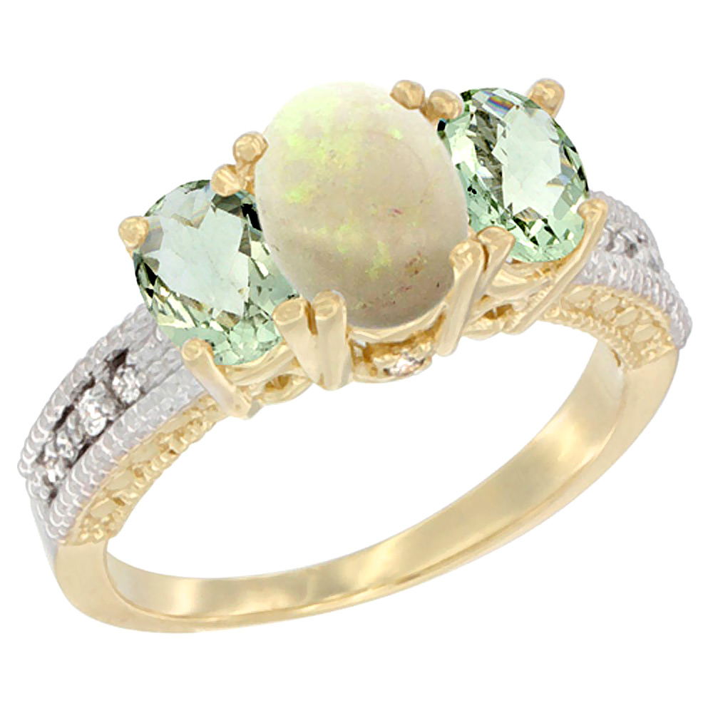 10K Yellow Gold Diamond Natural Opal Ring Oval 3-stone with Green Amethyst, sizes 5 - 10
