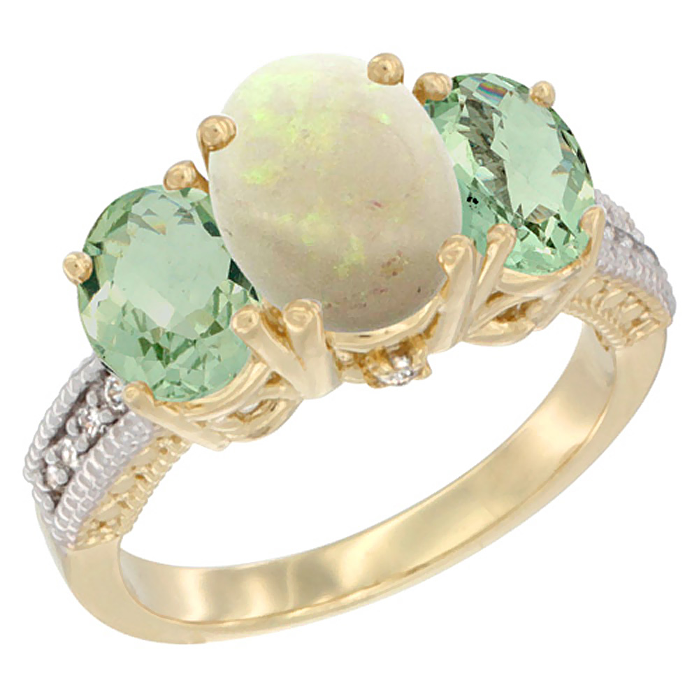 14K Yellow Gold Diamond Natural Opal Ring 3-Stone Oval 8x6mm with Green Amethyst, sizes5-10