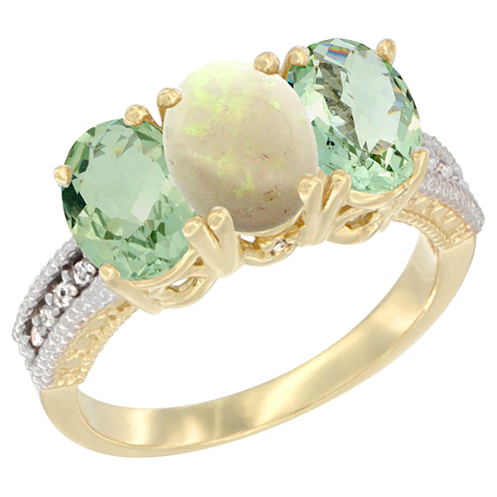 14K Yellow Gold Natural Opal &amp; Green Amethyst Sides Ring 3-Stone 7x5 mm Oval Diamond Accent, sizes 5 - 10