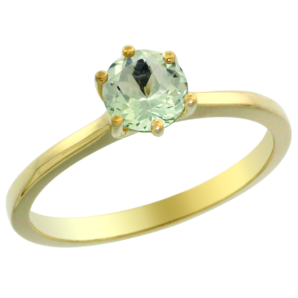 14K Yellow Gold Natural Green Amethyst Solitaire Ring Round 6mm, sizes 5 - 10