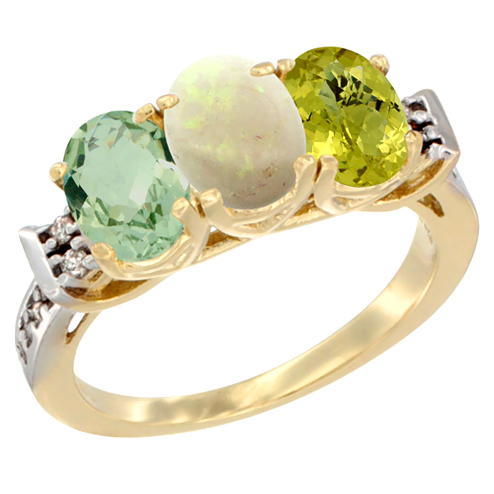 14K Yellow Gold Natural Green Amethyst, Opal &amp; Lemon Quartz Ring 3-Stone 7x5 mm Oval Diamond Accent, sizes 5 - 10