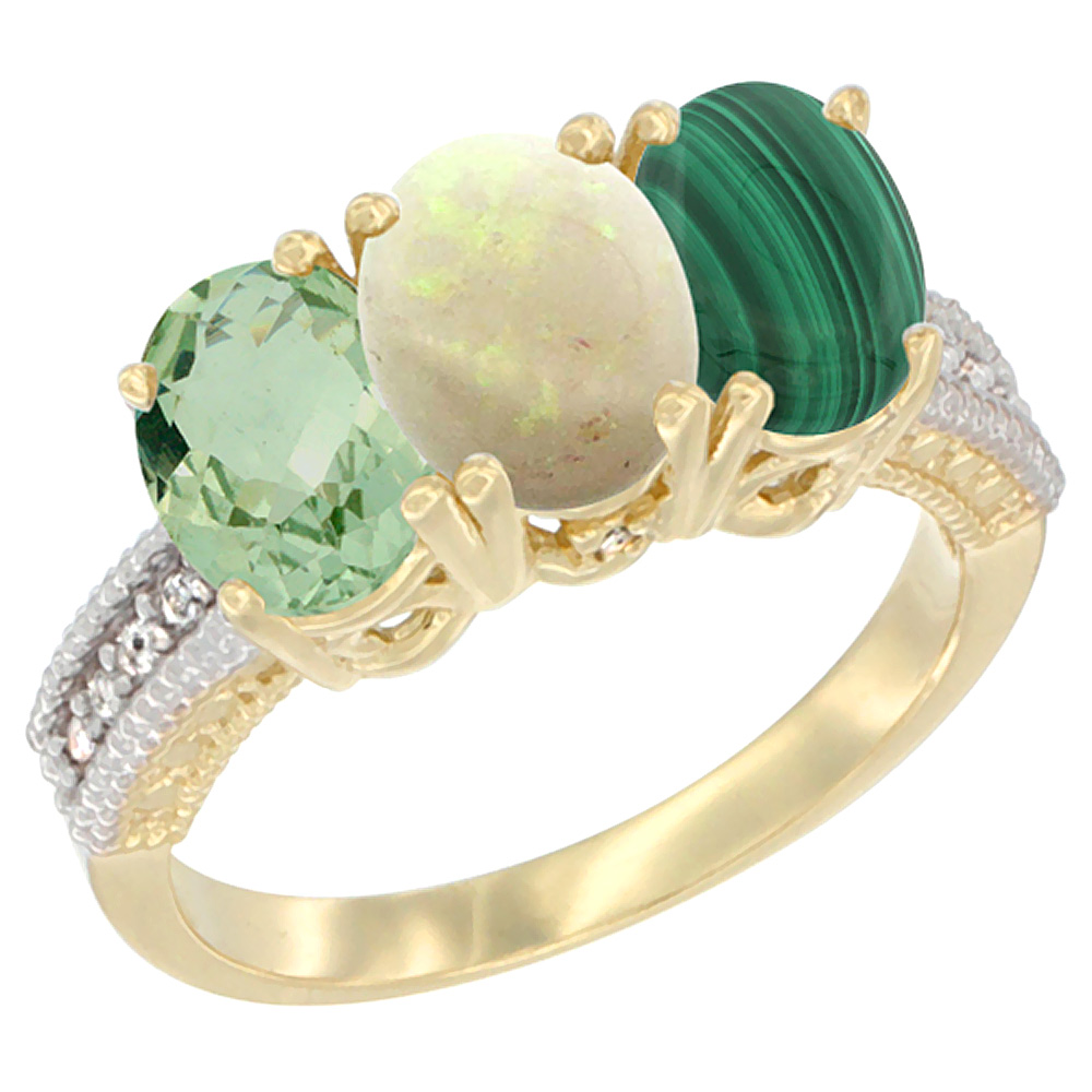 14K Yellow Gold Natural Green Amethyst, Opal &amp; Malachite Ring 3-Stone 7x5 mm Oval Diamond Accent, sizes 5 - 10