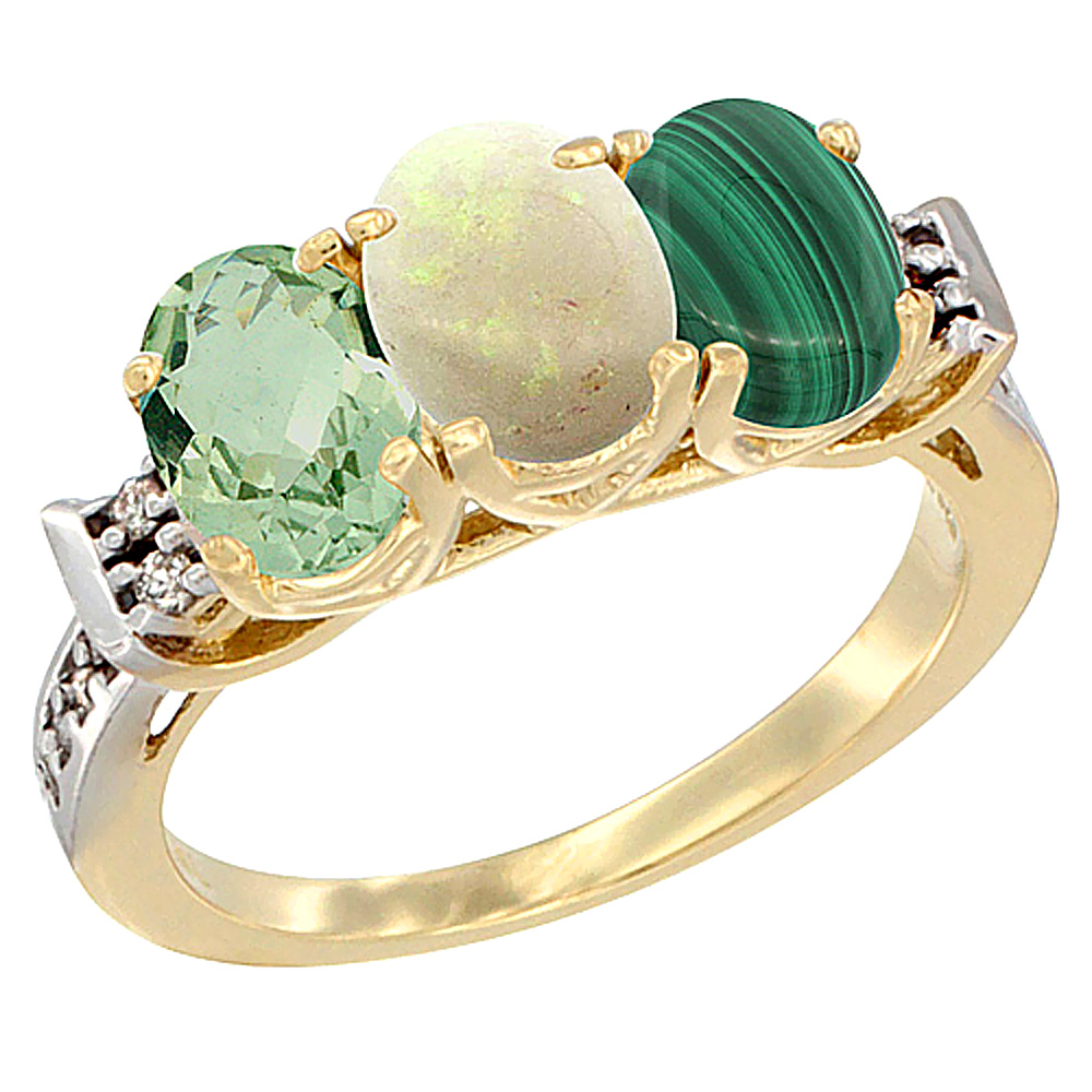 14K Yellow Gold Natural Green Amethyst, Opal &amp; Malachite Ring 3-Stone 7x5 mm Oval Diamond Accent, sizes 5 - 10