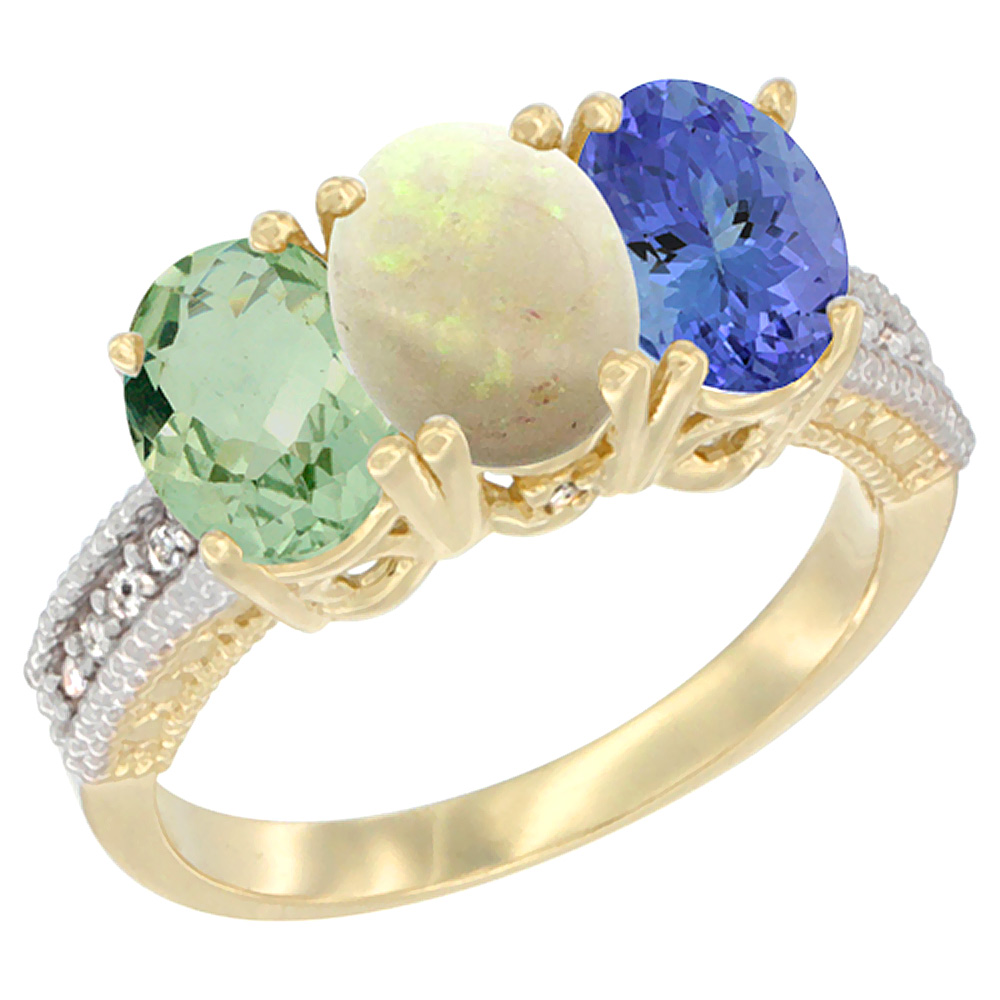 14K Yellow Gold Natural Green Amethyst, Opal & Tanzanite Ring 3-Stone 7x5 mm Oval Diamond Accent, sizes 5 - 10