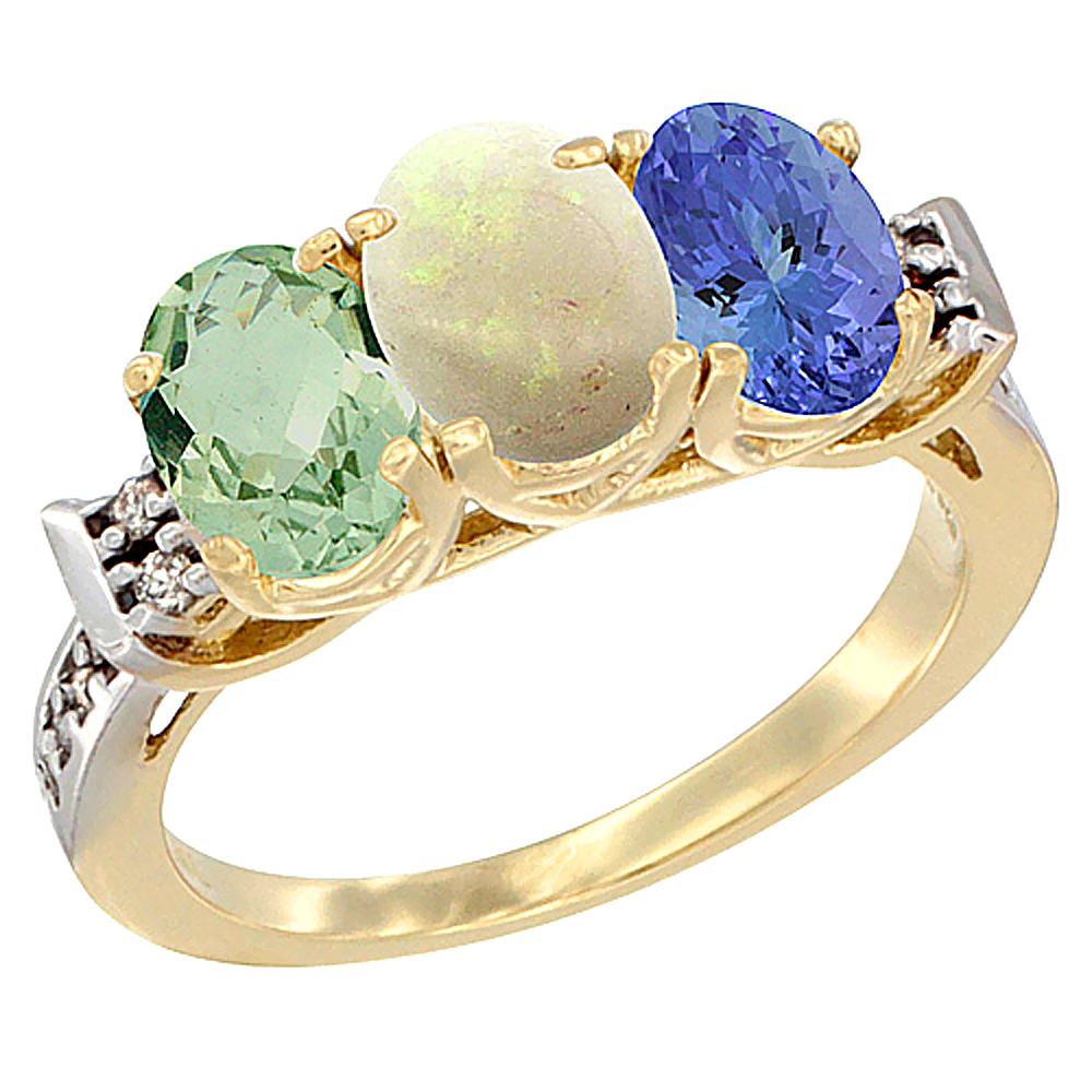 14K Yellow Gold Natural Green Amethyst, Opal &amp; Tanzanite Ring 3-Stone 7x5 mm Oval Diamond Accent, sizes 5 - 10