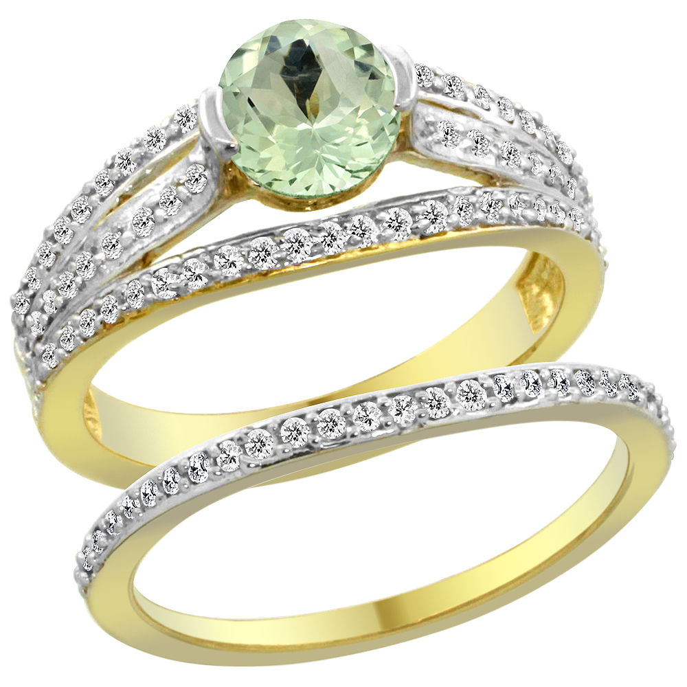 14K Yellow Gold Natural Green Amethyst 2-piece Engagement Ring Set Round 6mm, sizes 5 - 10