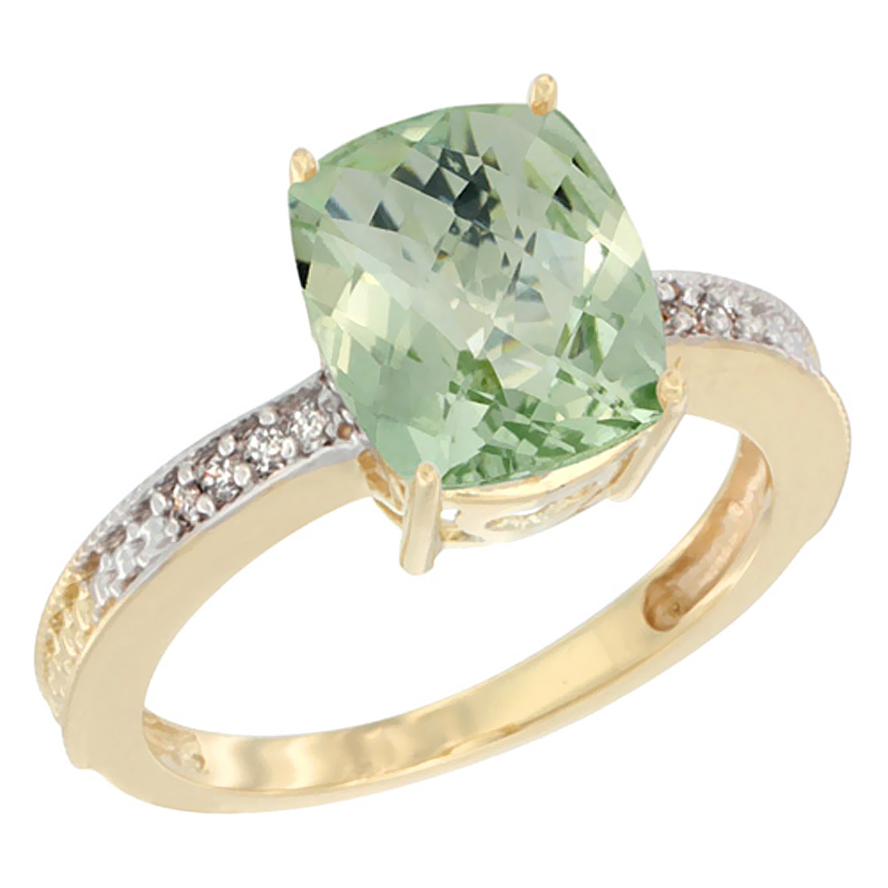 10K Yellow Gold Diamond Cushion 10x8 mm Genuine Green Amethyst Stone Ring sizes 5 - 10