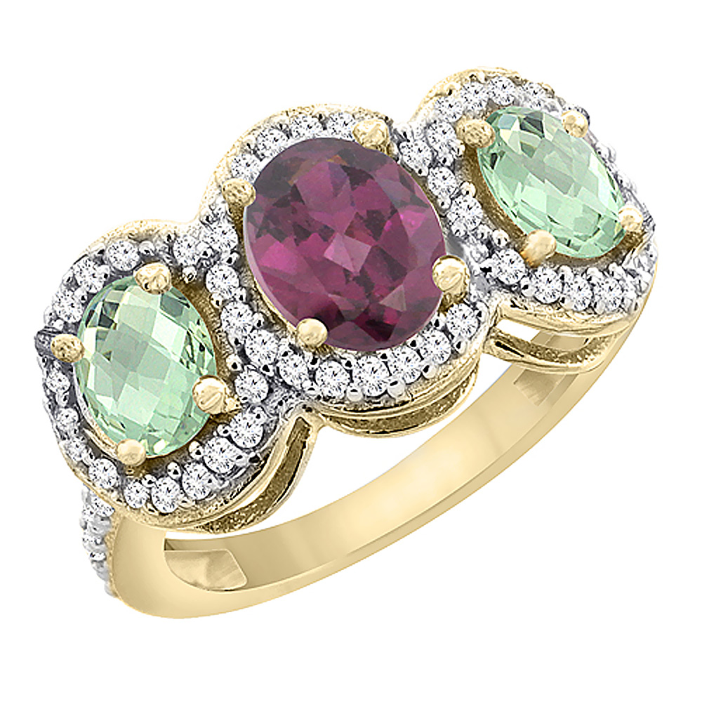 14K Yellow Gold Natural Rhodolite &amp; Green Amethyst 3-Stone Ring Oval Diamond Accent, sizes 5 - 10