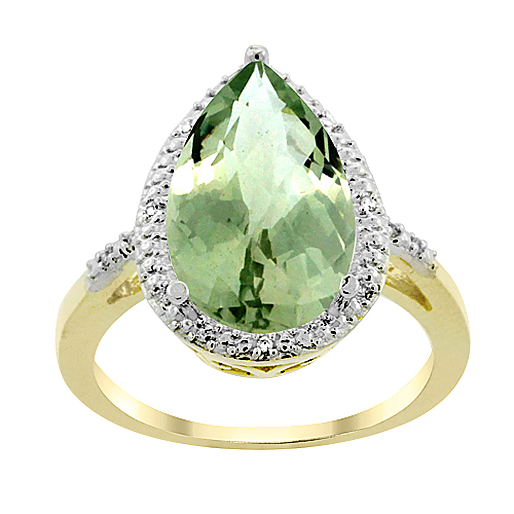 10K Yellow Gold Genuine Green Amethyst Ring Pear Shape 10x15 mm Diamond Accent sizes 5 - 10