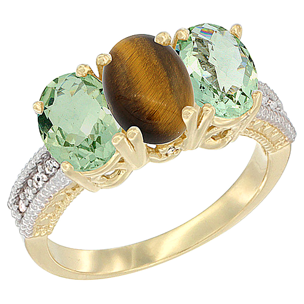 10K Yellow Gold Diamond Natural Tiger Eye & Green Amethyst Sides Ring 3-Stone Oval 7x5 mm, sizes 5 - 10