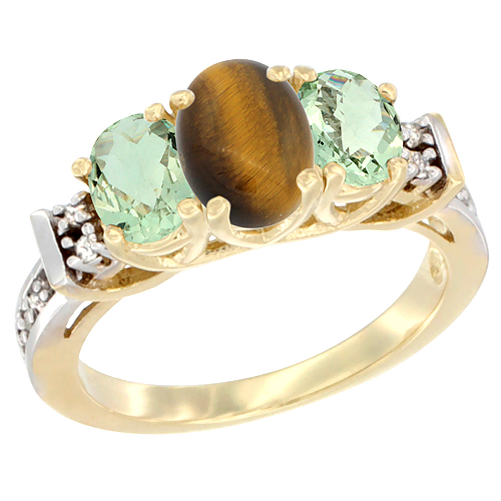 14K Yellow Gold Natural Tiger Eye & Green Amethyst Ring 3-Stone Oval Diamond Accent