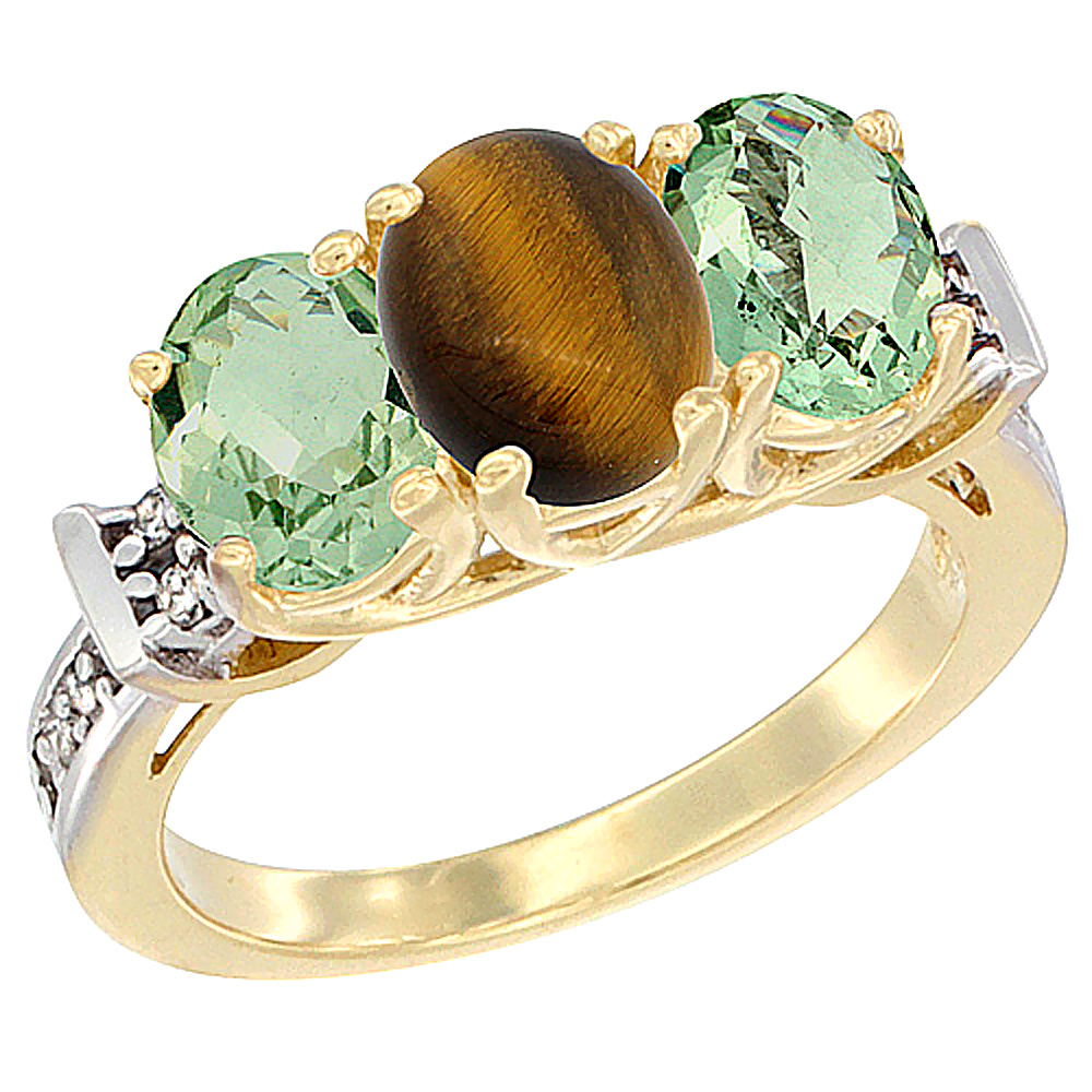 14K Yellow Gold Natural Tiger Eye & Green Amethyst Sides Ring 3-Stone Oval Diamond Accent, sizes 5 - 10