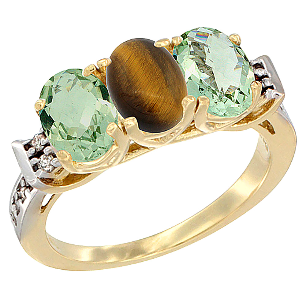 10K Yellow Gold Natural Tiger Eye &amp; Green Amethyst Sides Ring 3-Stone Oval 7x5 mm Diamond Accent, sizes 5 - 10