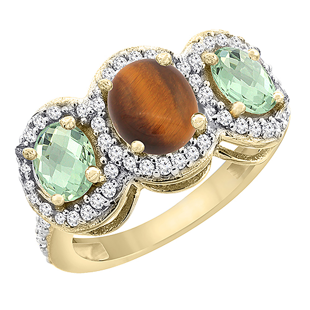 14K Yellow Gold Natural Tiger Eye & Green Amethyst 3-Stone Ring Oval Diamond Accent, sizes 5 - 10
