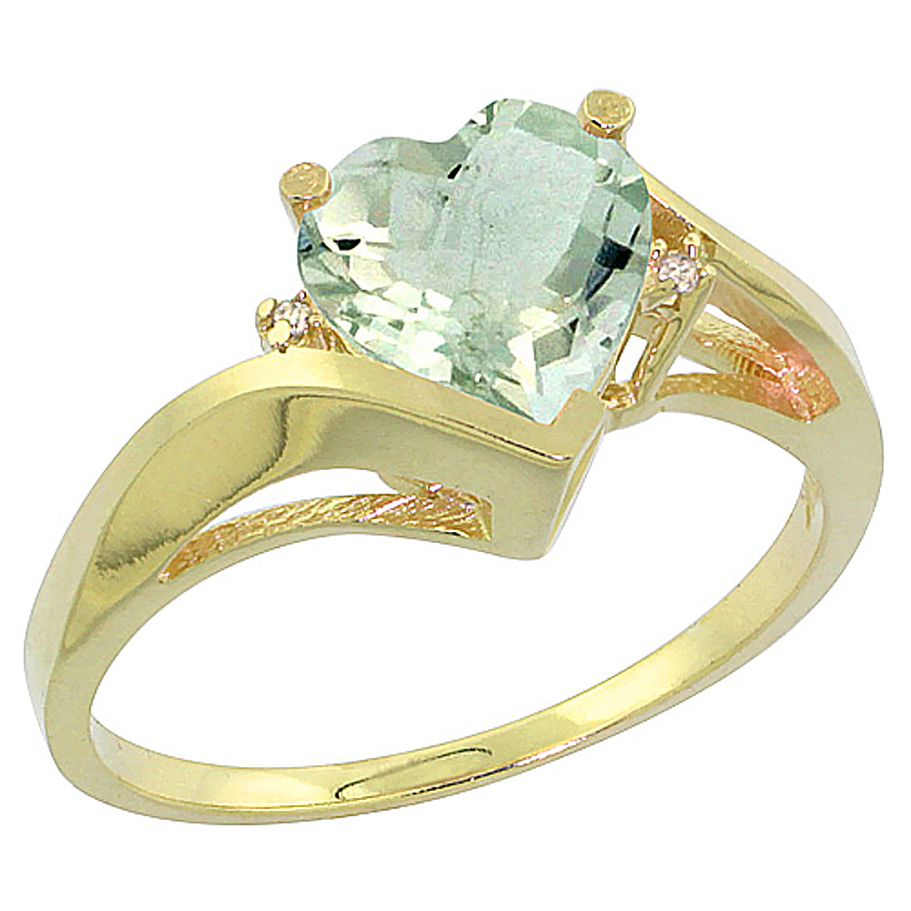 10K Yellow Gold Genuine Green Amethyst Heart Ring 7mm Diamond Accent sizes 5 - 10