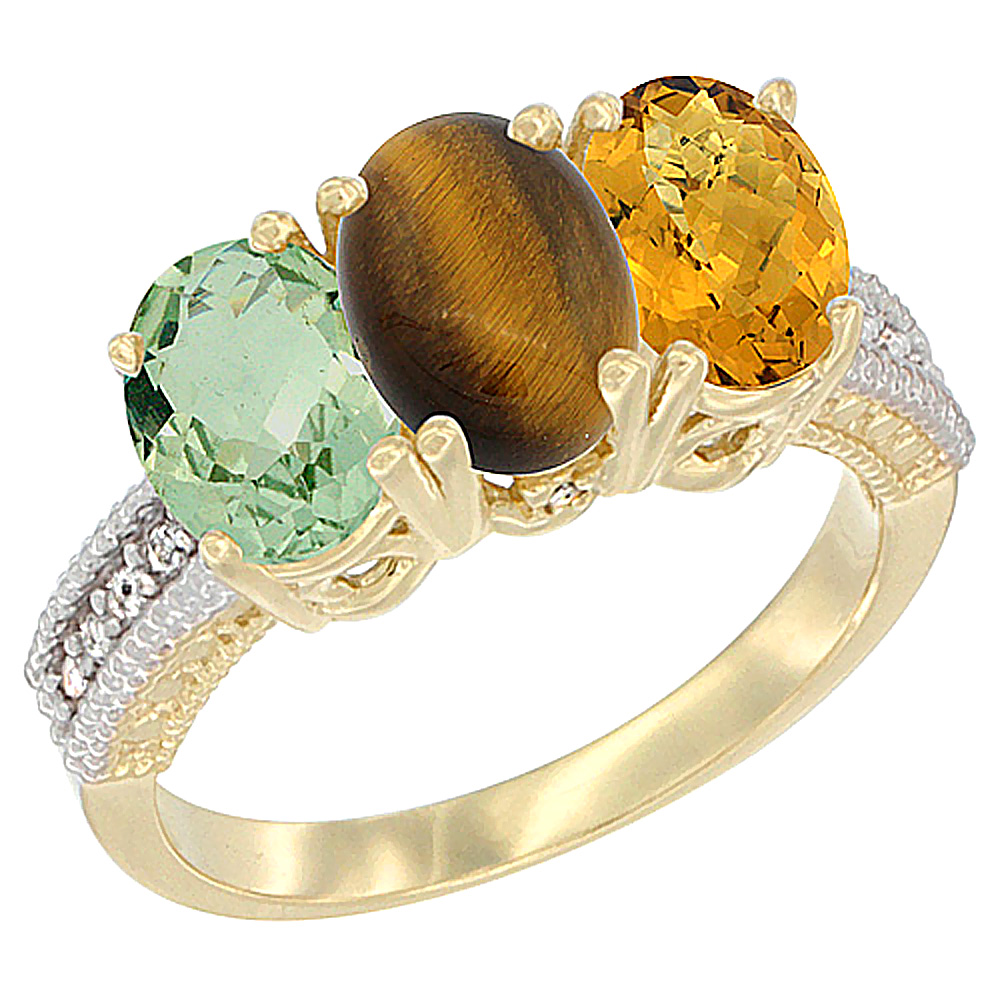 14K Yellow Gold Natural Green Amethyst, Tiger Eye &amp; Whisky Quartz Ring 3-Stone 7x5 mm Oval Diamond Accent, sizes 5 - 10