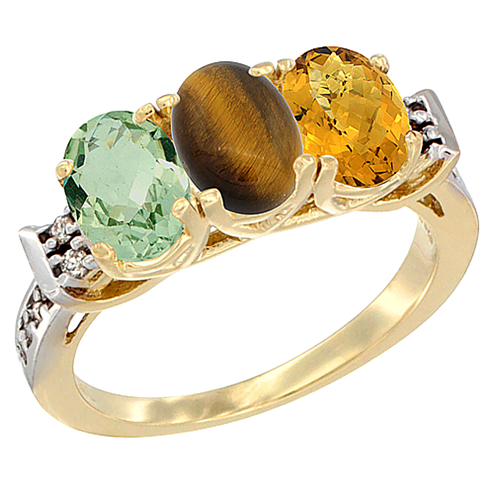 10K Yellow Gold Natural Green Amethyst, Tiger Eye &amp; Whisky Quartz Ring 3-Stone Oval 7x5 mm Diamond Accent, sizes 5 - 10