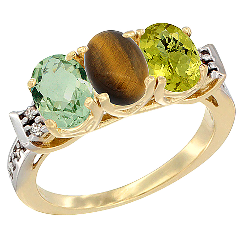 10K Yellow Gold Natural Green Amethyst, Tiger Eye &amp; Lemon Quartz Ring 3-Stone Oval 7x5 mm Diamond Accent, sizes 5 - 10