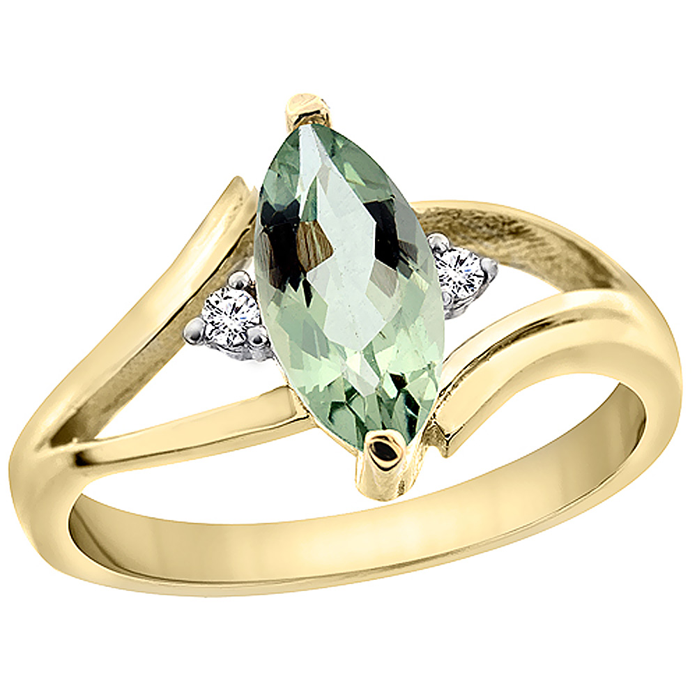 14K Yellow Gold Natural Green Amethyst Ring Marquise 10x5mm Diamond Accent, sizes 5 - 10 with half sizes
