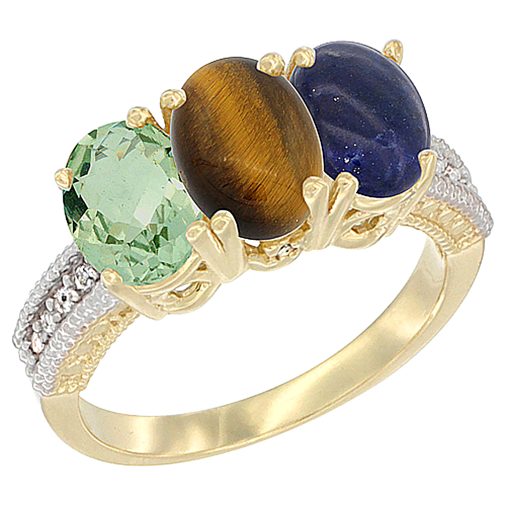 10K Yellow Gold Diamond Natural Green Amethyst, Tiger Eye &amp; Lapis Ring 3-Stone Oval 7x5 mm, sizes 5 - 10