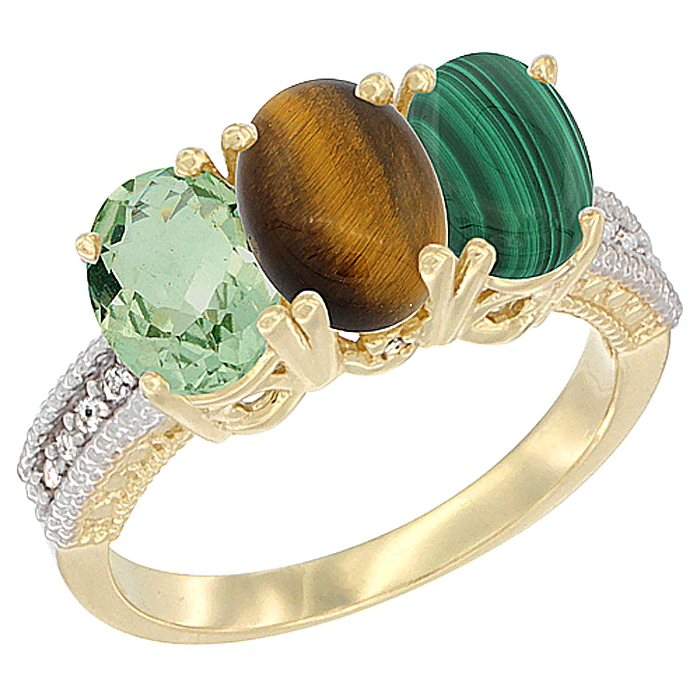 14K Yellow Gold Natural Green Amethyst, Tiger Eye &amp; Malachite Ring 3-Stone 7x5 mm Oval Diamond Accent, sizes 5 - 10