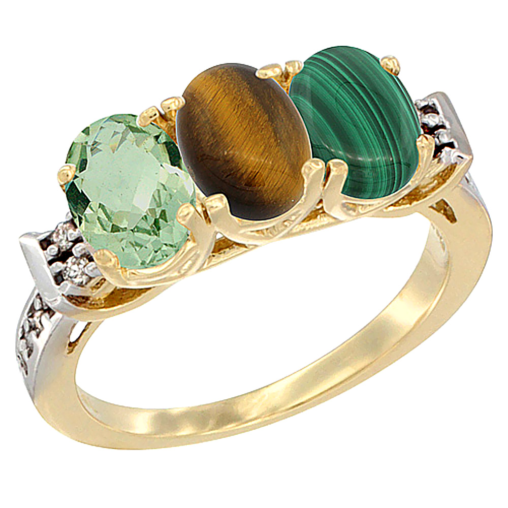 14K Yellow Gold Natural Green Amethyst, Tiger Eye & Malachite Ring 3-Stone 7x5 mm Oval Diamond Accent, sizes 5 - 10