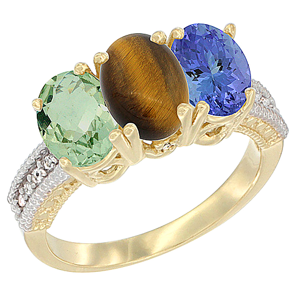 10K Yellow Gold Diamond Natural Green Amethyst, Tiger Eye & Tanzanite Ring 3-Stone Oval 7x5 mm, sizes 5 - 10