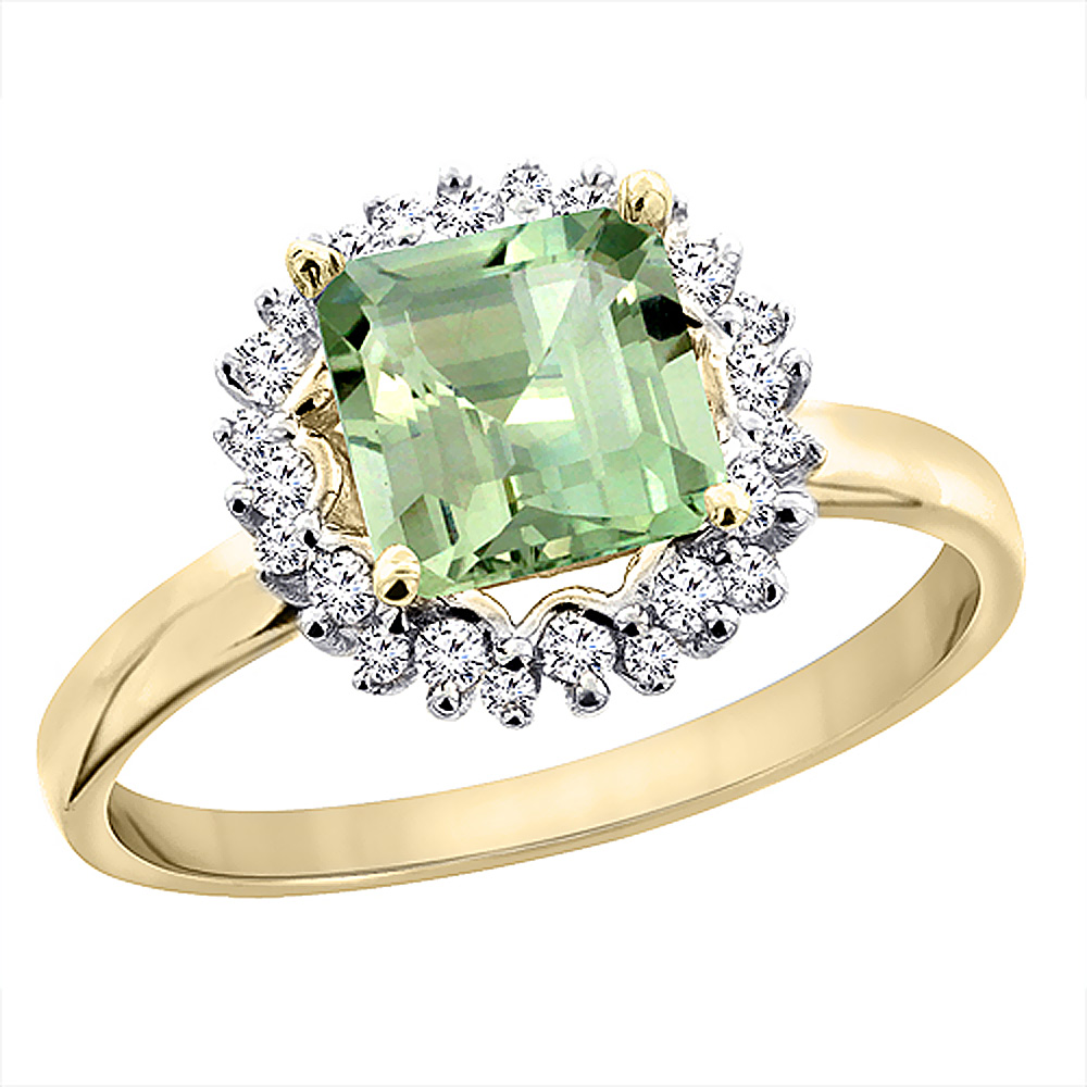 14K Yellow Gold Natural Green Amethyst Ring Square 6x6 mm Diamond Accents, sizes 5 - 10