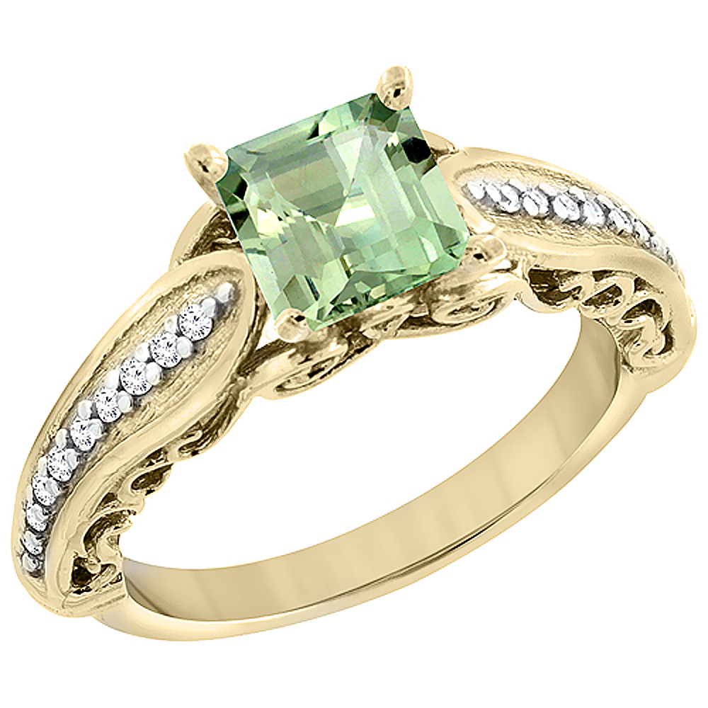 14K Yellow Gold Natural Green Amethyst Ring Square 8x8mm with Diamond Accents, sizes 5 - 10