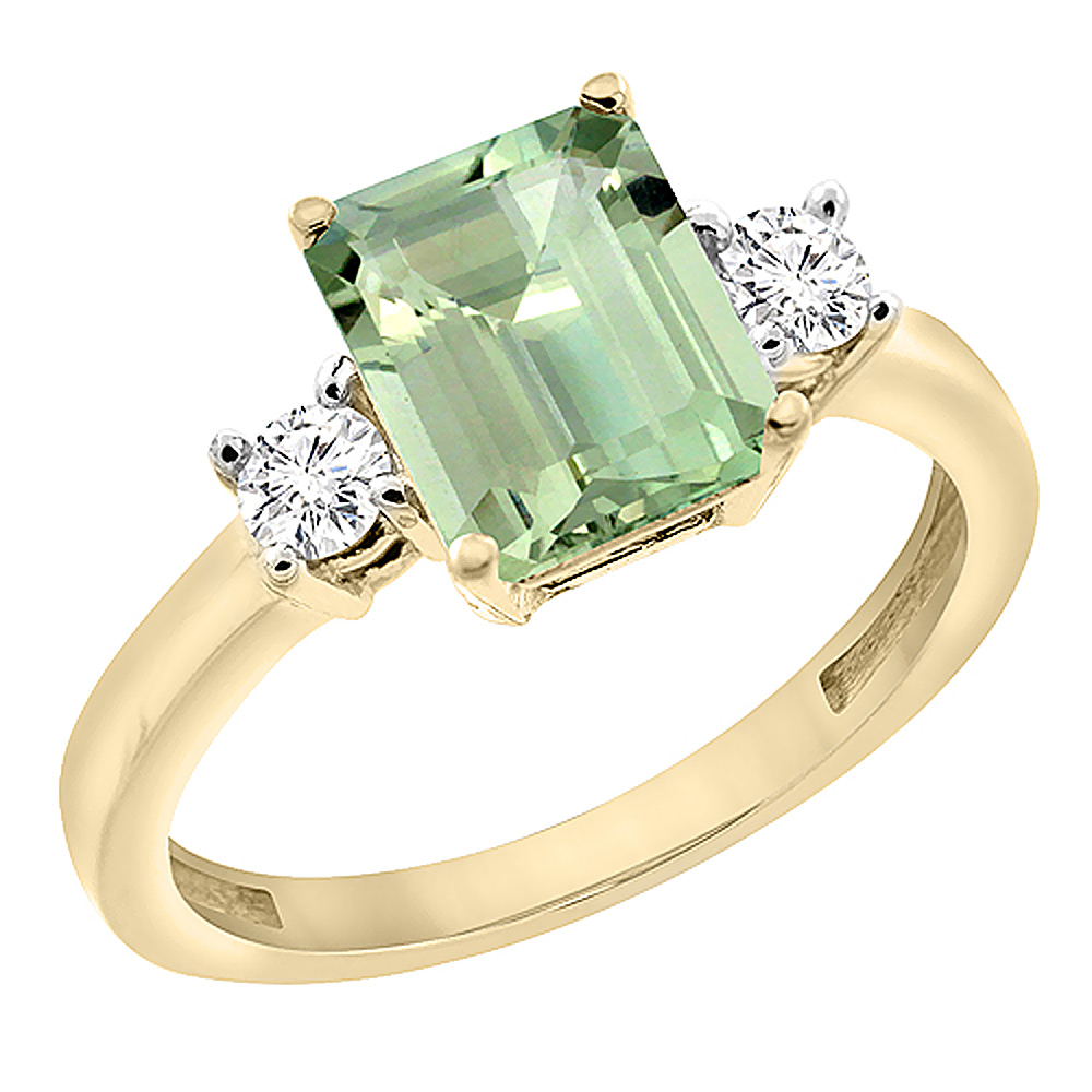 14K Yellow Gold Natural Green Amethyst Ring Octagon 8x6 mm with Diamond Accents, sizes 5 - 10