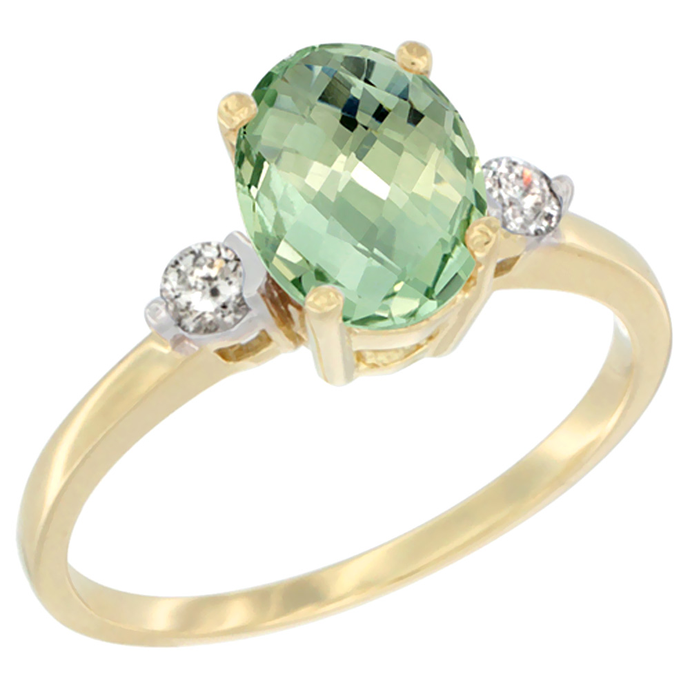 14K Yellow Gold Natural Green Amethyst Ring Oval 9x7 mm Diamond Accent, sizes 5 to 10