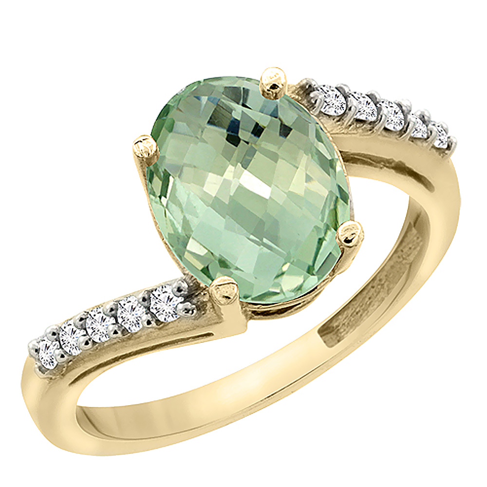 14K Yellow Gold Diamond Natural Green Amethyst Engagement Ring Oval 10x8mm, sizes 5-10