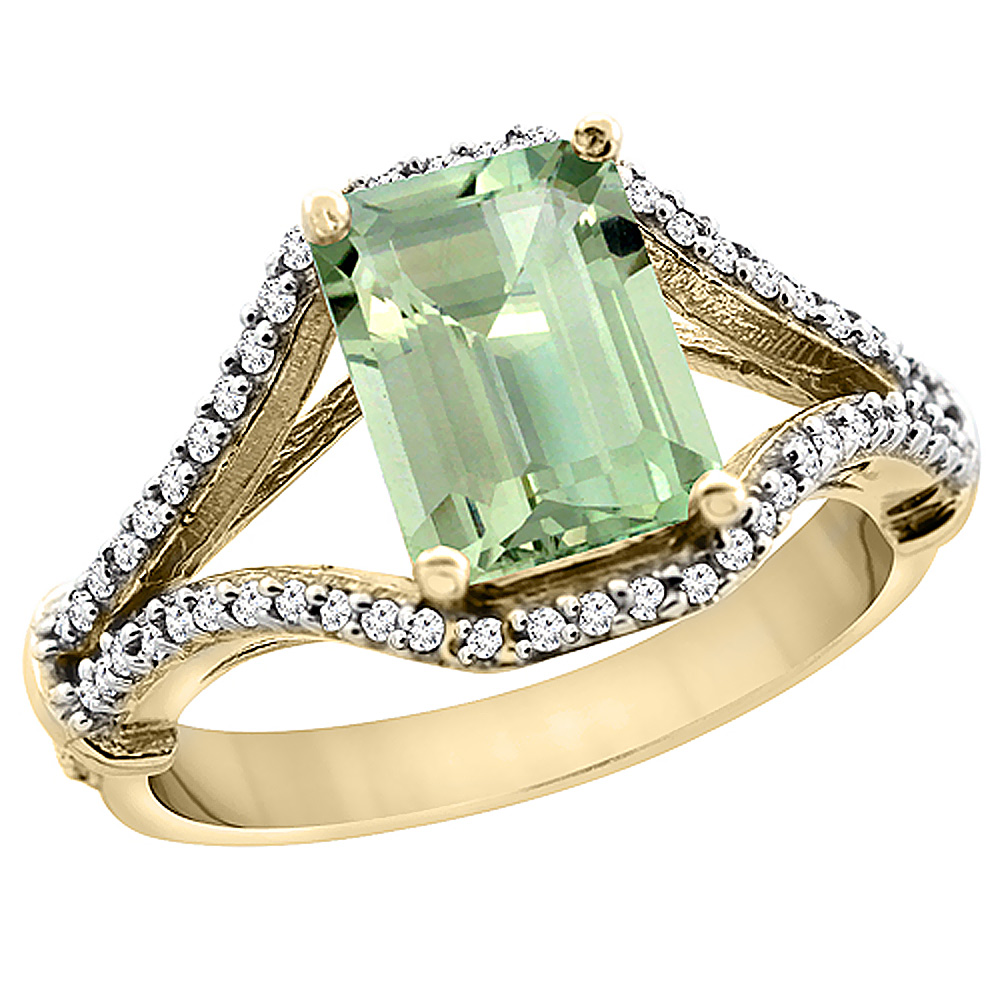 14K Yellow Gold Natural Green Amethyst Ring Octagon 8x6 mm with Diamond Accents, sizes 5 - 10