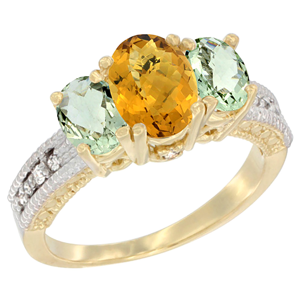 14K Yellow Gold Diamond Natural Whisky Quartz Ring Oval 3-stone with Green Amethyst, sizes 5 - 10
