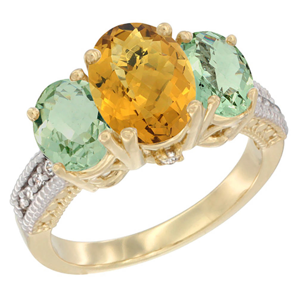 14K Yellow Gold Diamond Natural Whisky Quartz Ring 3-Stone Oval 8x6mm with Green Amethyst, sizes5-10