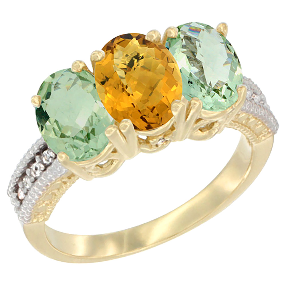 14K Yellow Gold Natural Whisky Quartz & Green Amethyst Sides Ring 3-Stone 7x5 mm Oval Diamond Accent, sizes 5 - 10