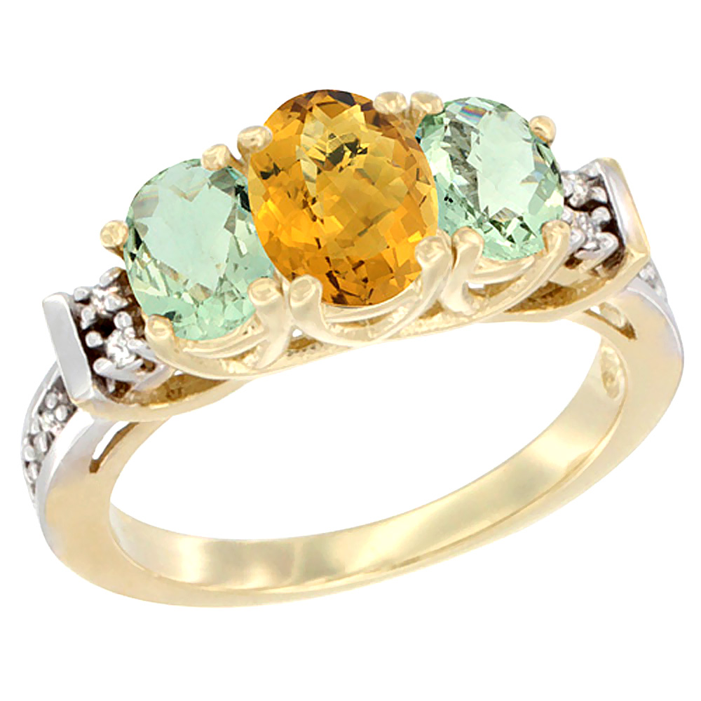 14K Yellow Gold Natural Whisky Quartz &amp; Green Amethyst Ring 3-Stone Oval Diamond Accent